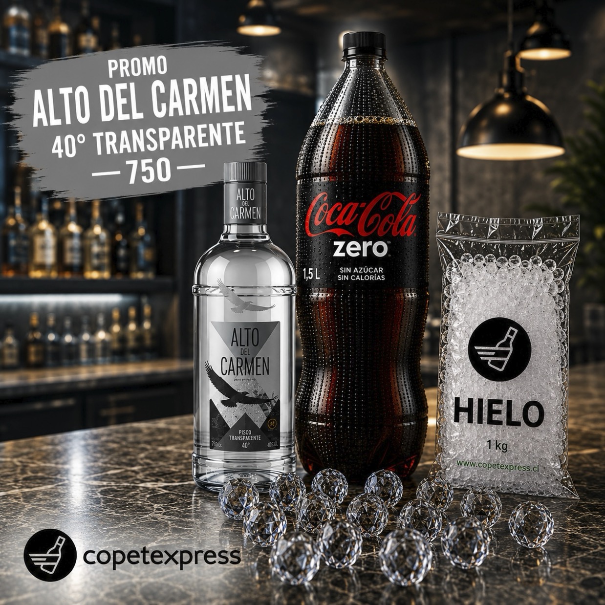 Alto Transparente 750 cc + Bebida 1,5 + Hielo 1 kg