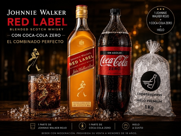 J. Walker rojo 750 cc + Bebida 1,5 + Hielo 1 kg
