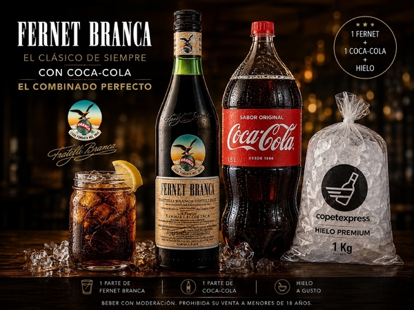 Fernet Branca 750 cc + bebida 1,5 + Hielo 1 kg
