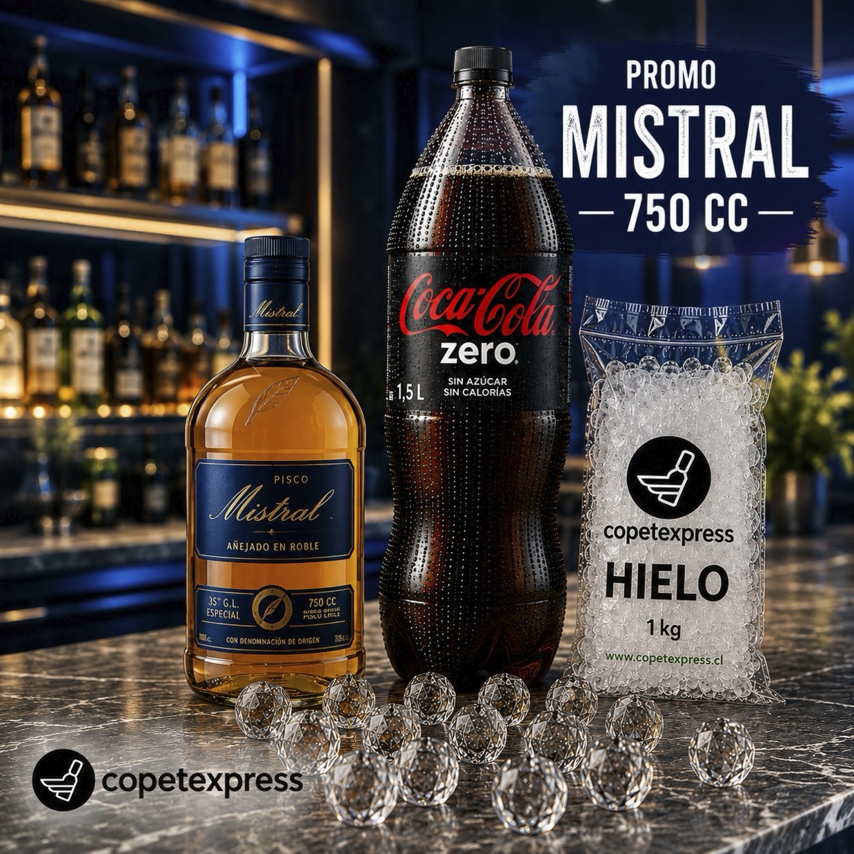 Mistral 750 cc + Bebida 1,5 + Hielo 1 kg