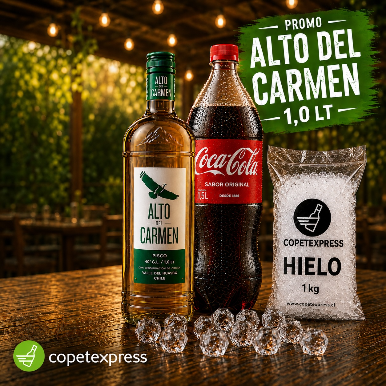 Alto 1,0 lt + Bebida 1,5 + Hielo 1 kg