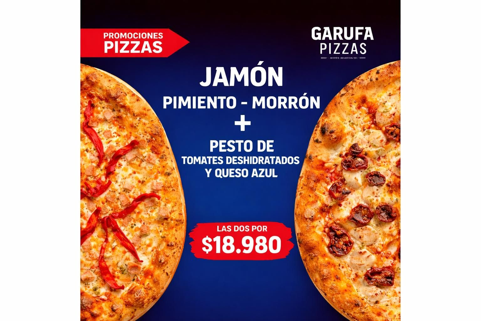 Promo Pizza Jamón Pimentón Rojo + Pizza Pesto Tomates Queso Azul