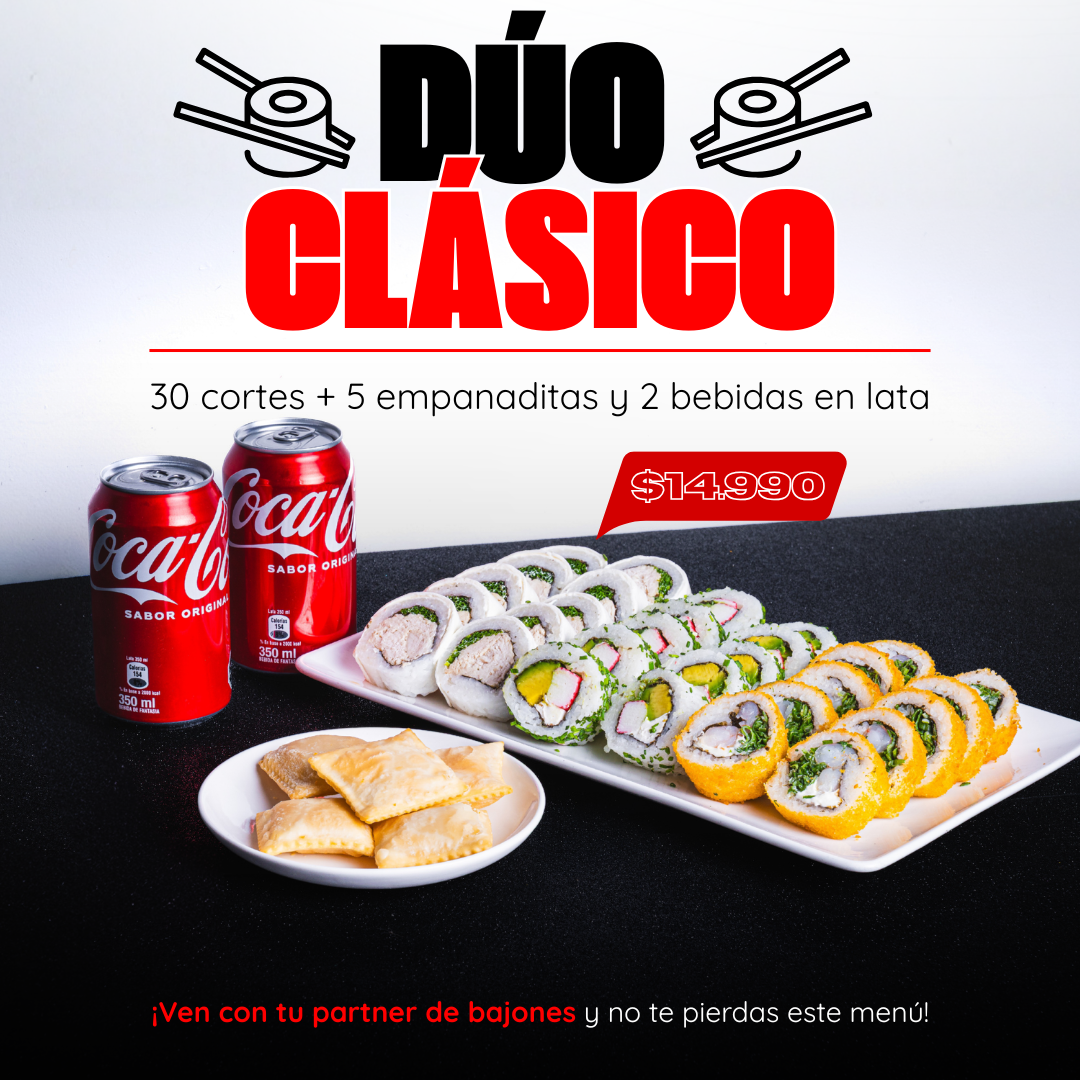 🍣 DÚO CLÁSICO 🍣(30 cortes + 5 empanaditas + 2 bebidas 350 cc)