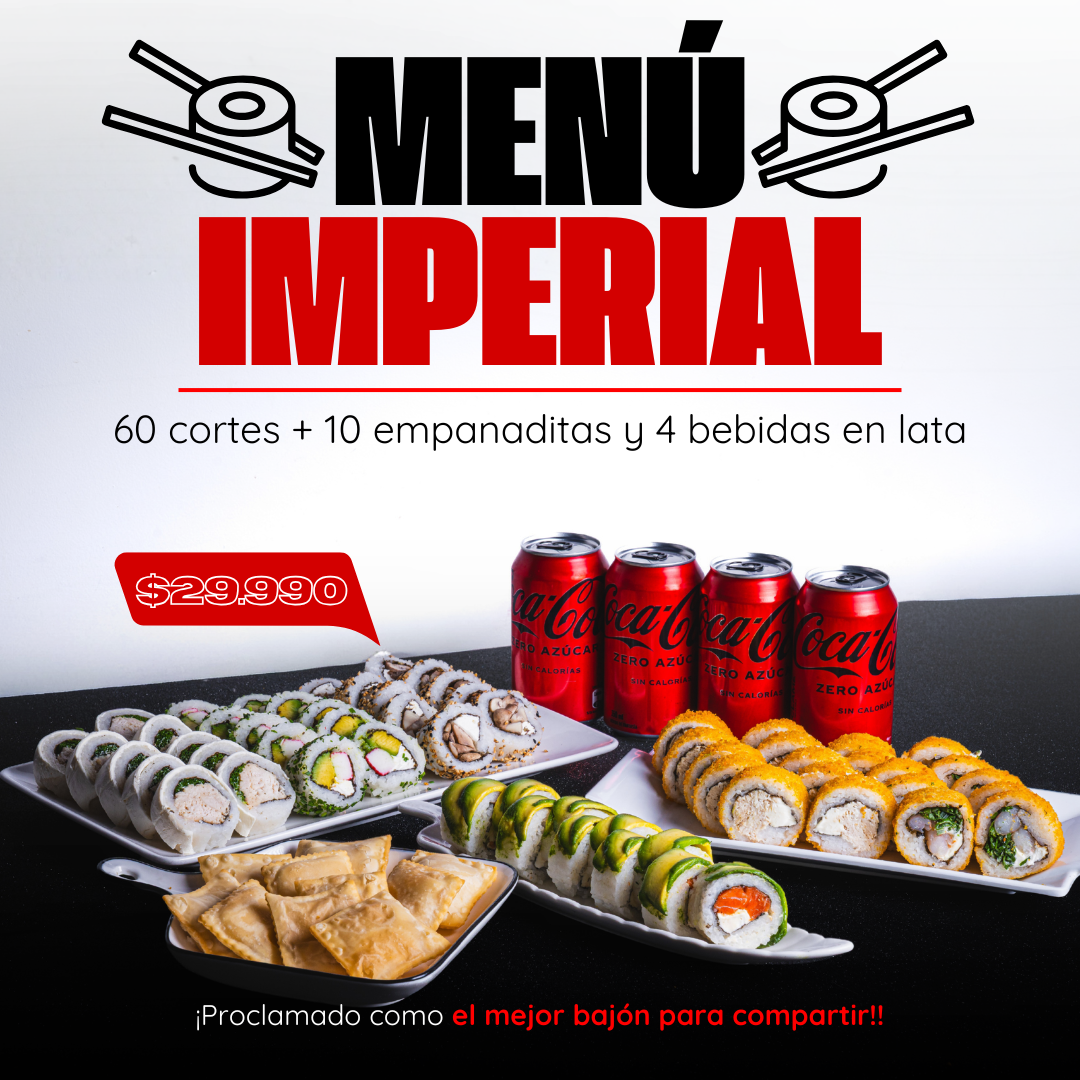 🍣 MENÚ IMPERIAL 🍣(60 cortes + 10 empanaditas + 4 bebidas 350 cc)