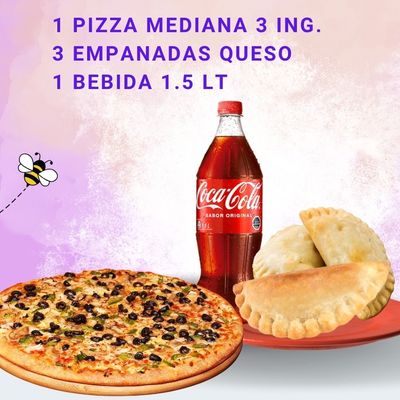 PROMO 2 - 1 PIZZA MEDIANA + 3 EMP. QUESO + BEB 1.5