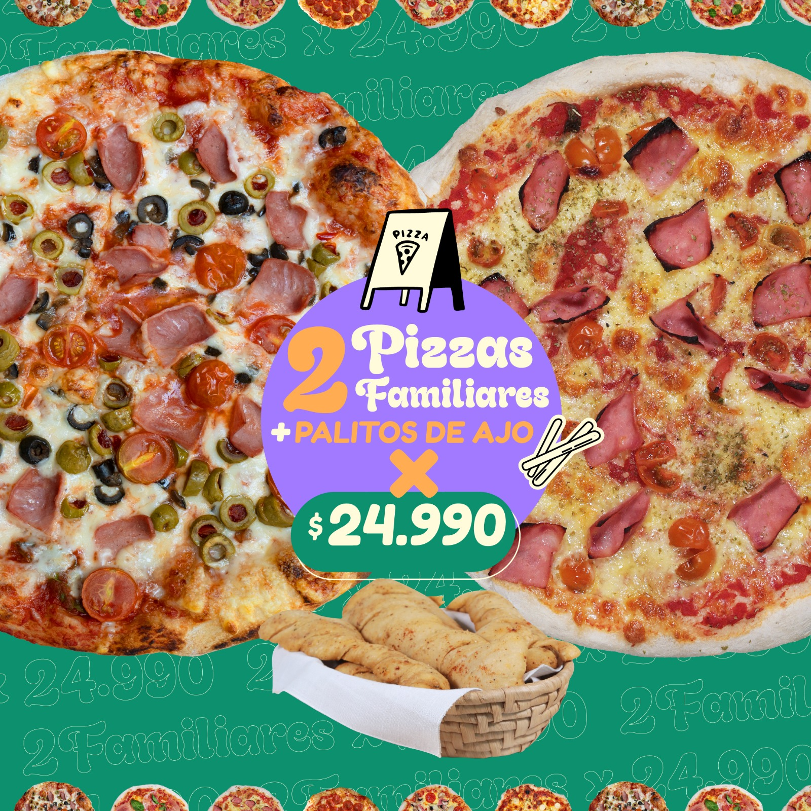 DOS PIZZAS FAMILIARES MAS PALITOS PROMO
