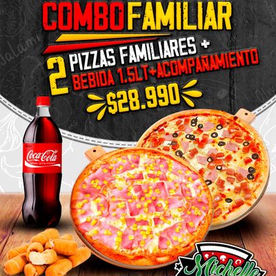 COMBO FAMILIAR: DOS PIZZAS A TU GUSTO + BEBIDA + ACOMPAÑANTE