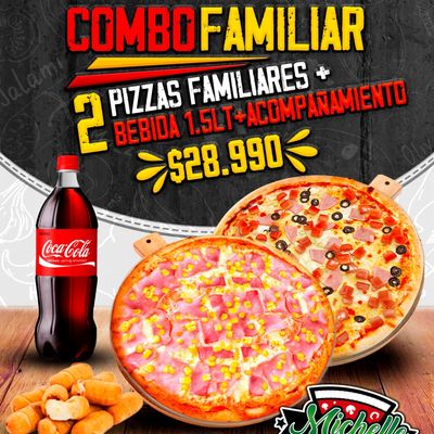 COMBO FAMILIAR: DOS PIZZAS TRADICIONALES + BEBIDA + ACOMPAÑANTE