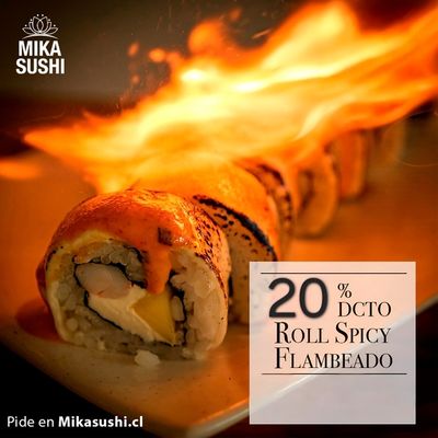 40% OFF Rolls Pollo Teriyaki, Palta, Queso Crema. Envuelto en Salmón Grillado con Spicy
