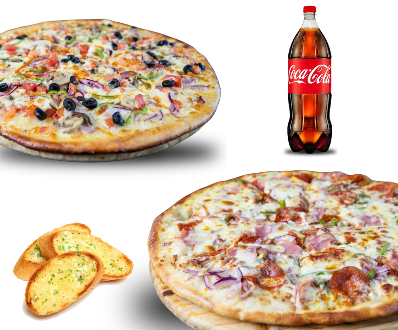 2 PIZZAS GIGANTES + PAN DE AJO + BEBIDA