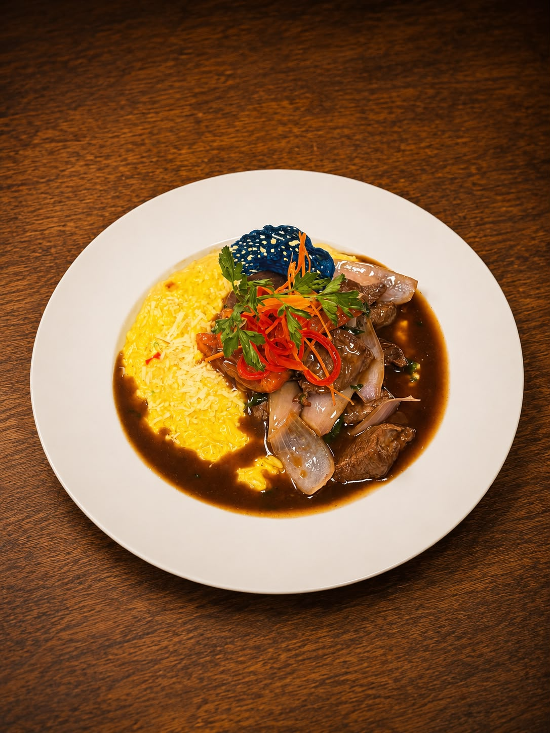 Risotto a la Huancaina  con Lomo Saltado