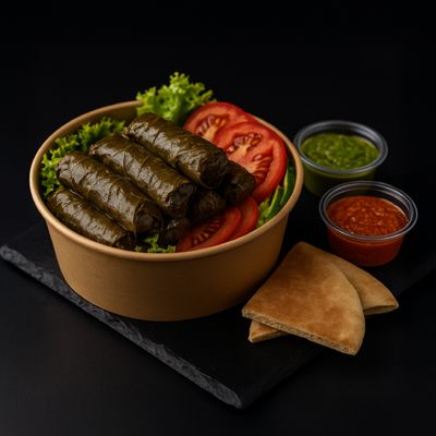 Hojas de parra (vegana) rellenas con carne de soya y arroz (Porción 15 unid.) + 2 Pan pitas + 2 salsas