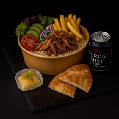 Menú  Shawarma al plato + bebestible + 2 dulces árabe + 2 pan pitas + 2 salsas