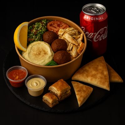 Menú  Shawarma Bowl + bebestible + 2 dulces árabe + 2 pan pitas + 2 salsas
