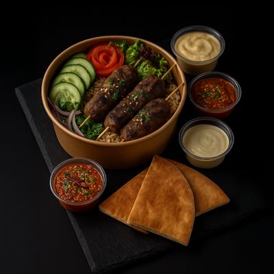 Shish Kabab + 2 pitas + 2 salsas