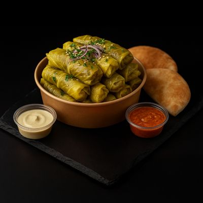 Hojas de repollo (vegano) rellenos con carne de soya y arroz (Porción 15 unid.) + 2 Pan pitas + 2 salsas