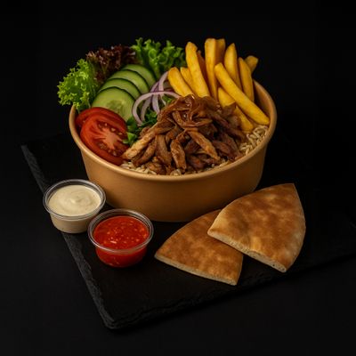 Shawarma al Plato + 2 pitas + 2 salsas