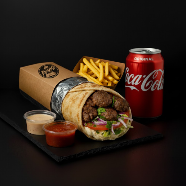 Combo 2: Shawarma kafta + agregado + bebestible + 2 salsas. Puedes adicionar 1 Helado "El Taller"