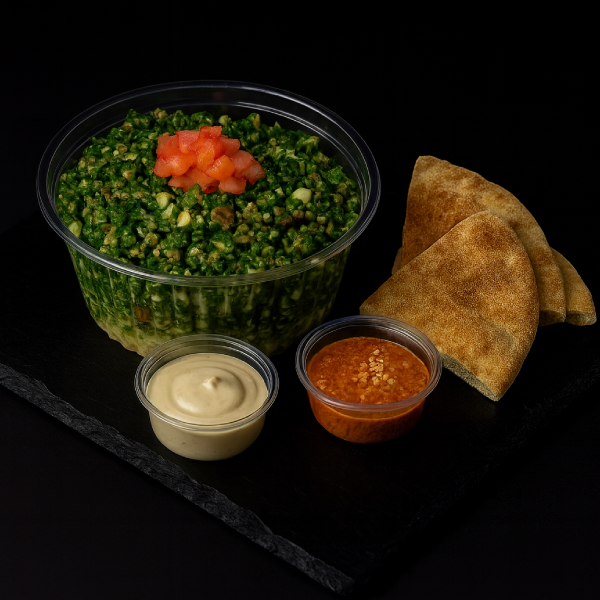 Ensalada Tabbouleh + 2 pan pitas + 2 salsas