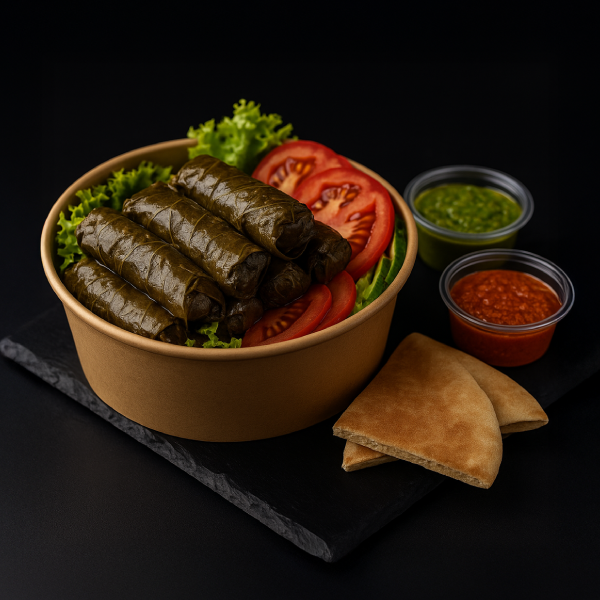 Hojas de parra rellenas con carne de vacuno y arroz (Porción 15 unid.) + 2 Pan pitas + 2 salsas