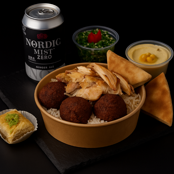 Menú ejecutivo Pollo & falafel + bebestible + 1 dulce árabe + 1 pan pita + 1 salsa.Puedes adicionar 1 Helado "El Taller"
