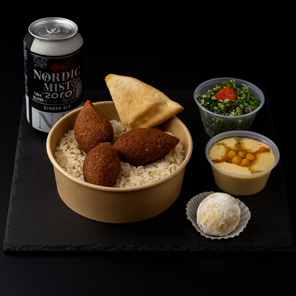 Menú ejecutivo vegano (Kubbe o falafel) + bebestible + 1 dulce árabe + 1 pan pita + 1 salsa. Puedes adicionar 1 Helado "El Taller"