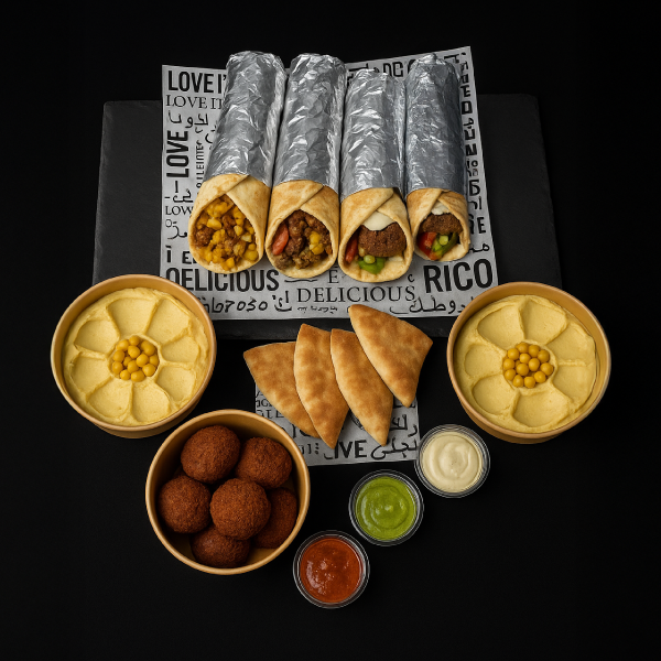 Promo 9: 4 Shawarma Mixto o Pollo & Falafel + 8 Falafel + 2 Hummus + 4 Salsas