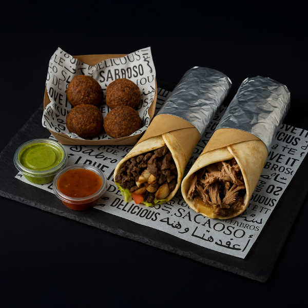 Promo 3: 2 Shawarma Mixto o Pollo & Falafel + Papas Fritas Grandes + 2 salsas