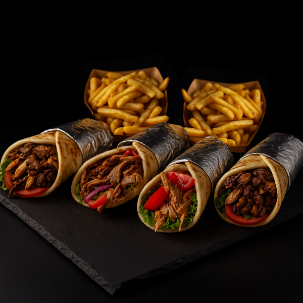 Promo 8: 4 Shawarma Mixto o Pollo & Falafel a elección + 2 Papas Fritas grandes + 4 salsas