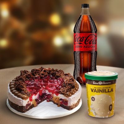 Paq. Fiestero Cheesecake Brownie Arándanos rojos+ coca + helado