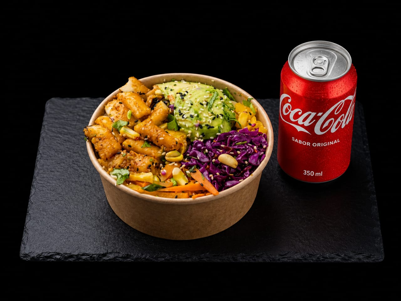 Poke Berenjena Crocante + bebida lata 350 cc