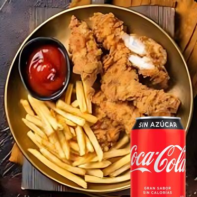 POLLO APANADO CON PAPAS FRITAS MÁS BEBIDA EN LATA 