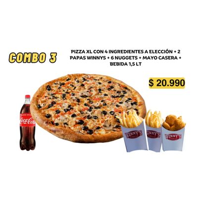 Combo 3 (1 pizza XL de 4 ing a gusto + nuggets + 2 papas Winnys + bebida de 1,5 lts)