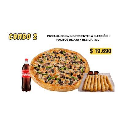 Combo 2 (1 pizza XL salsa+queso+4 Ingredientes +palito ajo+bebida 1.5lts)