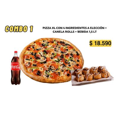 Combo 1 ( 1 pizza XL salsa+queso+ 4 ingredientes+rolls canela+bebida 1.5)