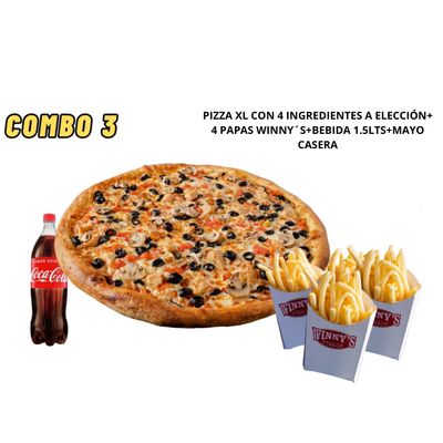 Combo 3 (1 pizza XL de 4 ing a gusto + nuggets + 2 papas Winnys + bebida de 1,5 lts)