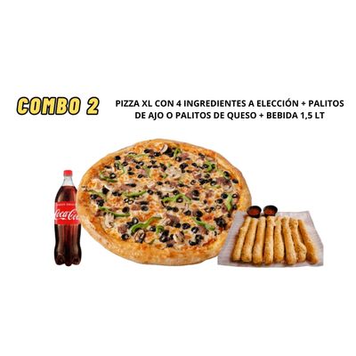 Combo 2 (1 pizza XL salsa+queso+4 Ingredientes +palitos de ajo o palitos de queso+bebida 1.5lts)