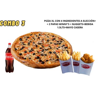 Combo 3 (1 pizza XL de 4 ing a gusto + 2 papas Winnys +nuggets+ bebida de 1,5 lts)