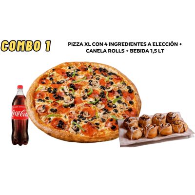 Combo 1 ( 1 pizza XL salsa+queso+ 4 ingredientes+rolls canela+bebida 1.5)