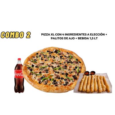 Combo 2 (1 pizza XL salsa+queso+4 Ingredientes +palito ajo+bebida 1.5lts)