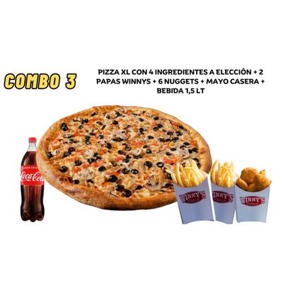 Combo 3 (1 pizza XL de 4 ing a gusto + nuggets + 2 papas Winnys + bebida de 1,5 lts)