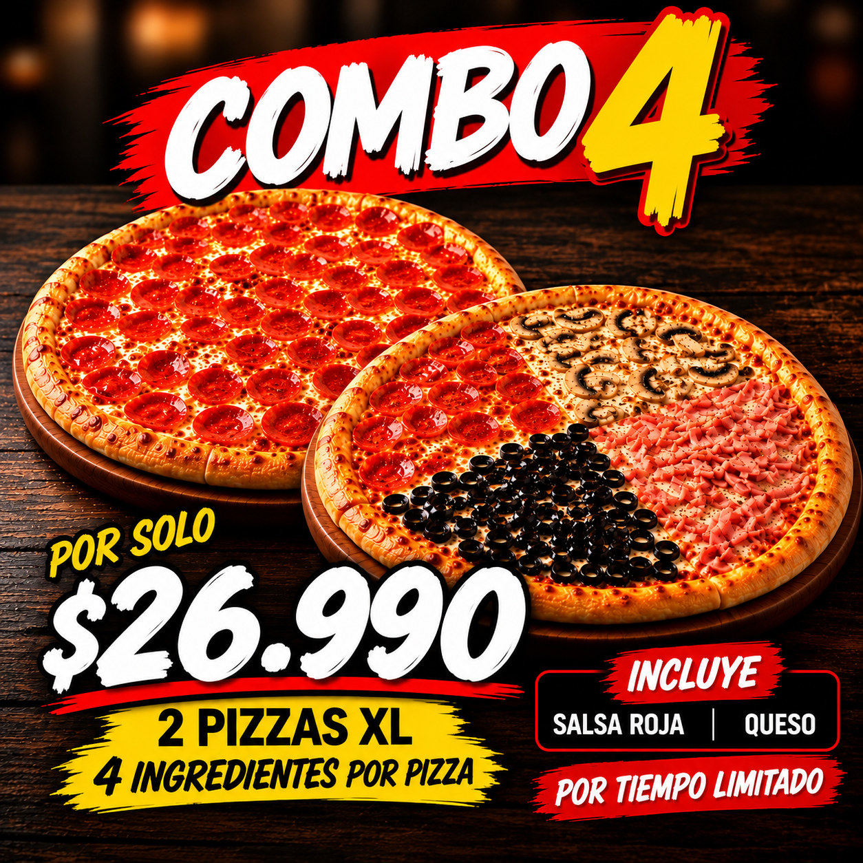 Combo 4 LIBRE ( 2 pizzas XL de 4 ingredientes C/U) ¡Último día!