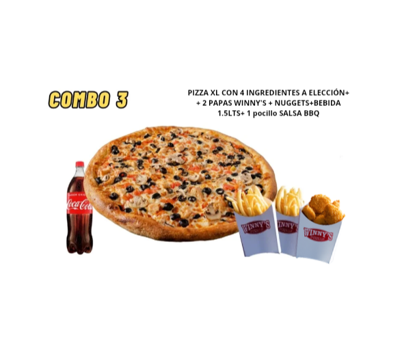 Combo 3 (1 pizza XL de 4 ing a gusto + 2 papas Winnys +nuggets+ bebida de 1,5 lts)