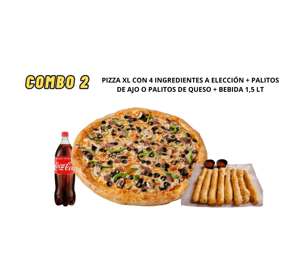 Combo 2 (1 pizza XL salsa+queso+4 Ingredientes +palitos de ajo o palitos de queso+bebida 1.5lts)
