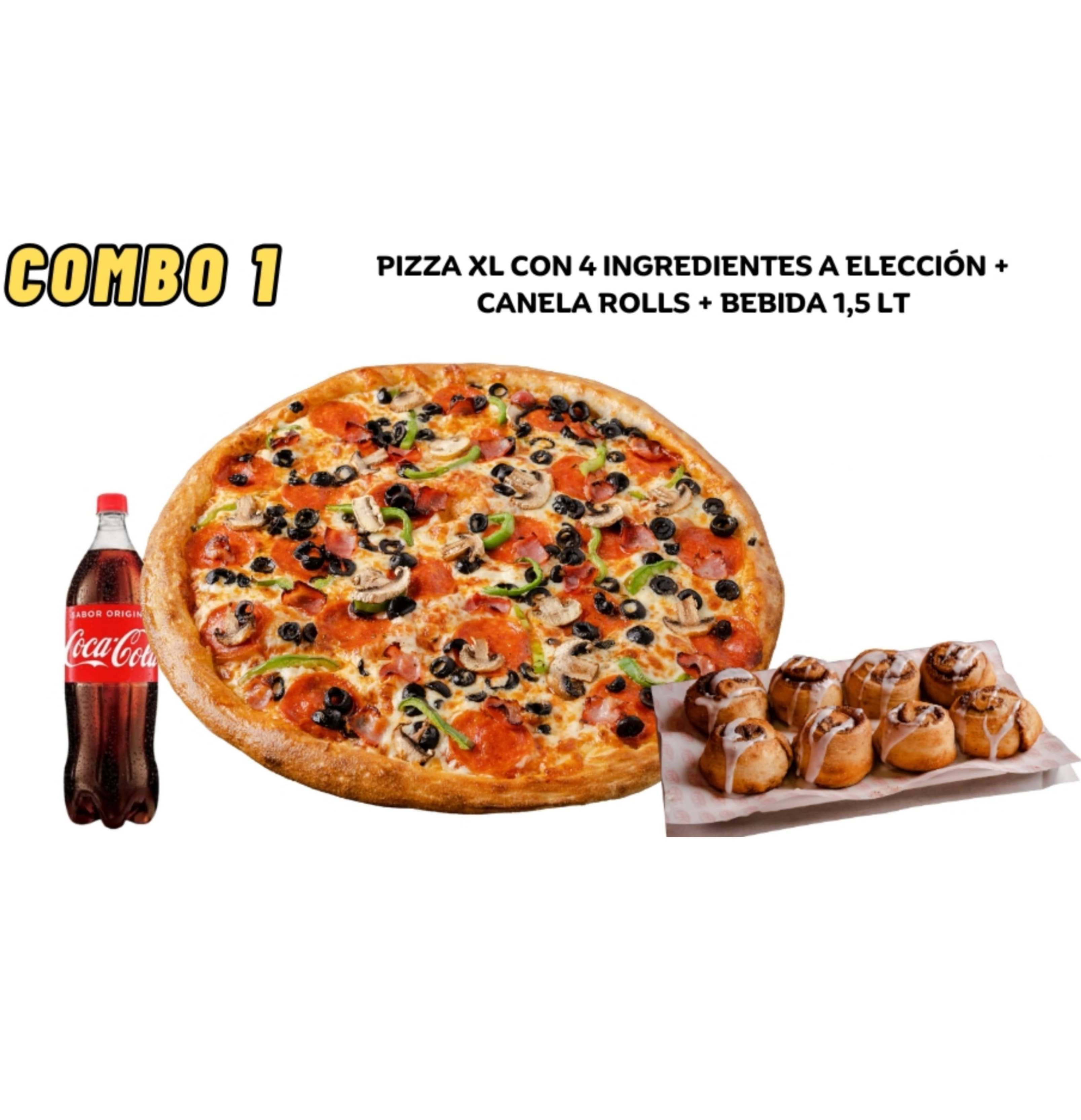 Combo 1 ( 1 pizza XL salsa+queso+ 4 ingredientes+rolls a elección+bebida 1.5)